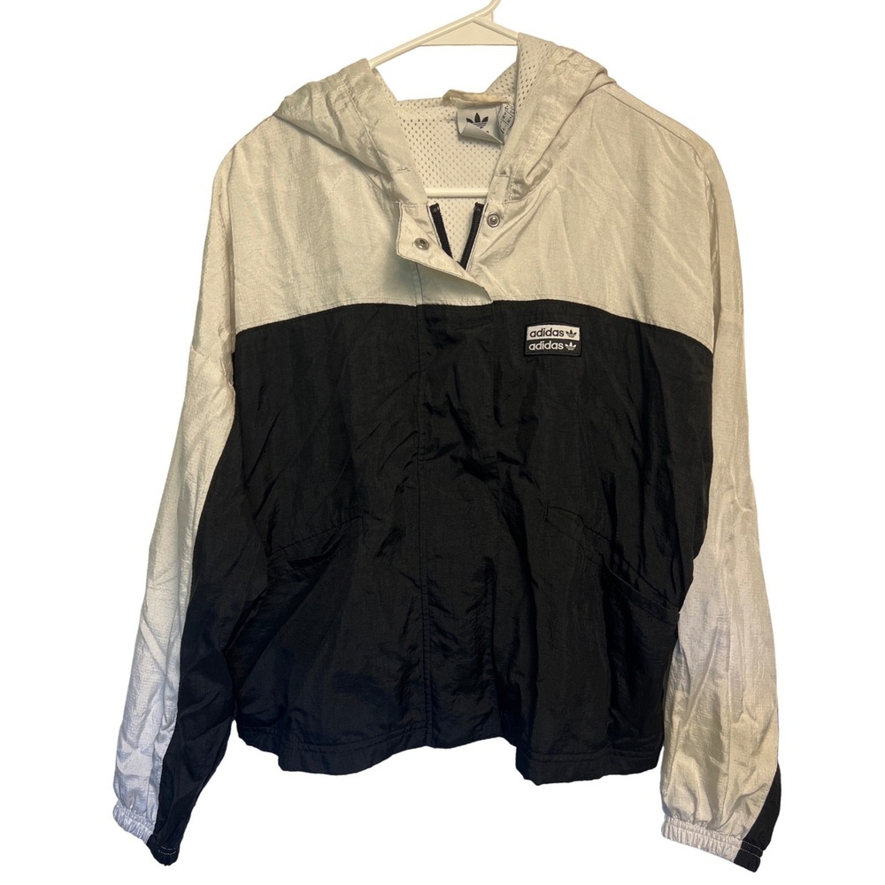 Adidas Originals Womens Black White Colorblock Hooded Windbreaker‎ Jacket Small